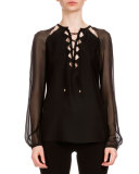 Benny Crepe Lace-Up Blouse, Black