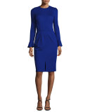 Long-Sleeve Stretch Crepe Sheath Dress, Iris