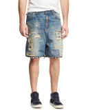 Destroyed Ticker Feed Cropped Jeans, Blue