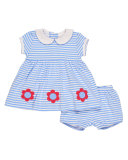 Smocked Striped Jersey Dress w/ Bloomers, Blue, Size 3-24 Months
