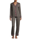 Bella Contrast-Trim Long-Sleeve Pajama Set, Smoky Gray/Hot Pink