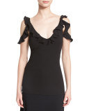 Ruffled Draped-Shoulder Top, Black