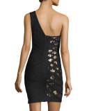 One-Shoulder Embellished Bandage Dress, Black