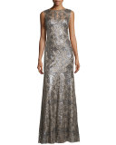 Sleeveless Sequined Deco Lace Gown