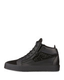 Crystal-Detail Leather & Suede Mid-Top Sneaker, Black