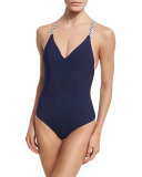 Friendship Bracelet Plunge-Neck One-Piece Swimsuit, Navy