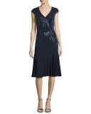 Cap-Sleeve V-Neck Beaded Drop-Waist Cocktail Dress