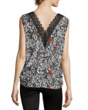 Trixy Floral Lace-Trim Sleeveless Top, Noir