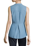Sleeveless Chambray Button-Front Top, Blue