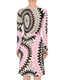 Marilyn Printed Long-Sleeve Boat-Neck Dress, Multi