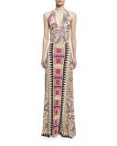 Ikat & Paisley-Print Halter Gown, Fuchsia/Multi
