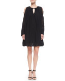 Long-Sleeve Pleated Oversized Shift Dress, Black
