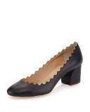 Scalloped Leather Block-Heel Pump, Navy