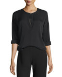 Keyhole-Front Long-Sleeve Silk Blouse