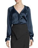 Long-Sleeve Charmeuse Blouse, Midnight