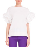 Ruffle-Sleeve Round-Neck Top, White