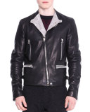 Asymmetric-Zip Leather Moto Jacket, Black