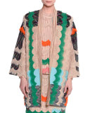 Ruffled Zigzag Open-Front Cardigan, Beige/Multi