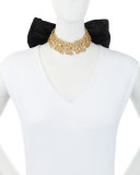 Textured Golden Choker Necklace with Grosgrain Bow