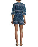 Ruffle Wrap-Front Romper, Temple Print
