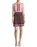3/4-sleeve smocked floral tile dress, multicolor