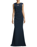 Embellished-Yoke Mermaid Gown, Navy