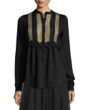 Crochet-Lace Bib Long-Sleeve Blouse
