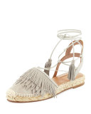 Fringe Suede & Leather Espadrille Flat, Light Gray