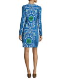 Walker Long-Sleeve Printed Sheath Dress, Blue