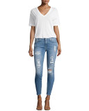 The Ankle Skinny Destroyed Jeans w/Sequins, Light Blue