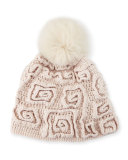 Greek Key Cashmere Pompom Beanie Hat, Beige
