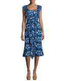 Cleo Ruffle-Trim Floral Silk Dress, Indigo/Multicolor