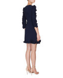 3/4-Sleeve Ruffle-Trim Dress, Navy