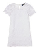Short-Sleeve Chemical Lace Shift Dress, White, Size 2-6X