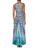 Sleeveless Beaded-Neck Geometric-Print Maxi Dress