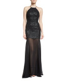Sleeveless Sequin & Tulle Gown, Black/Gunmetal