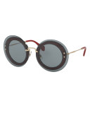 Round Gingham Overlay Sunglasses, Gray/Red