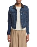 Suede-Trim Denim Jacket, Blue