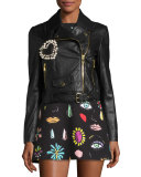 Leather Moto Jacket w/ Pearly Beaded Heart, Black