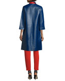 Two-Tone Leather Long Jacket, Bluebell