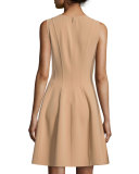 Stretch-Wool Bell-Skirt Dress, Suntan
