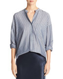 Wide-Stripe Mandarin-Collar Pullover Shirt, Blue