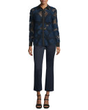 Floral-Lace Long-Sleeve Shirt, Navy