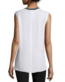 Romy Silk Tank w/ Tipped Contrast, Blanc