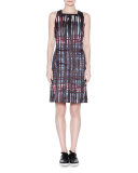 Sleeveless Graffiti-Tartan Sheath Dress, Multi Colors