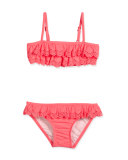 Jewel Cove Laser-Cut Ruffle Bikini, Pink Soda, Size 2-7