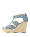 Damita Zip-Front Wedge Espadrille Sandal, Washed Denim