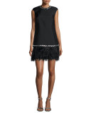 Cap-Sleeve Bead-Trim Dress W/ Feather Hem 