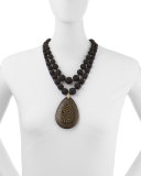 Double-Strand Carved Lava Bead & Wood Pendant Necklace, 21" 