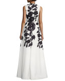 Sleeveless Floral Satin Gown, White/Black